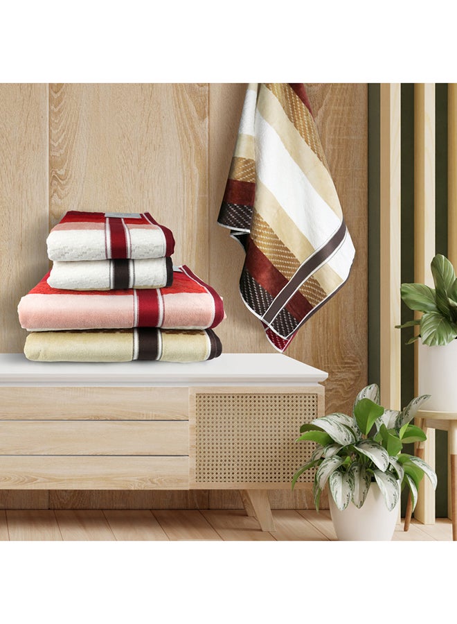 White Rose 4 Piece Bathroom Towel Set ZICZAC 500 GSM 100% Cotton Velour 2 Bath Towel 70X140 cm & 2 Hand Towel 50x90 cm Red & Brown Color Modern Stripe Design Luxury Touch Extra Absorbent  - Image 3