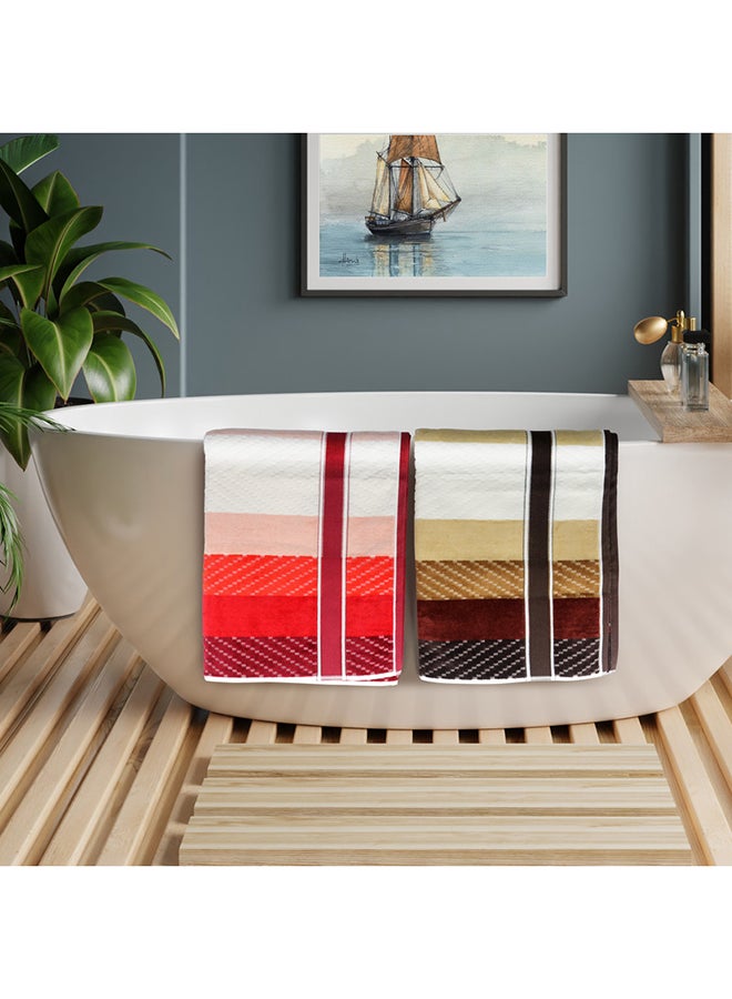 White Rose 4 Piece Bathroom Towel Set ZICZAC 500 GSM 100% Cotton Velour 2 Bath Towel 70X140 cm & 2 Hand Towel 50x90 cm Red & Brown Color Modern Stripe Design Luxury Touch Extra Absorbent  - Image 2