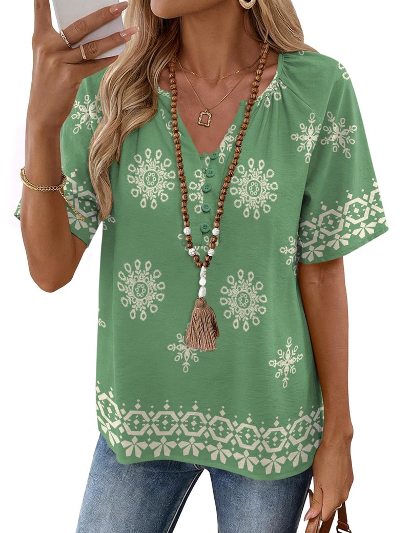 Rapbin Boho Tops for Women 2026 | Linen Blend Half Sleeve Blouse | V Neck Beach Vacation Spring Clothing Button Down Shirts for Women Green M - Image 1