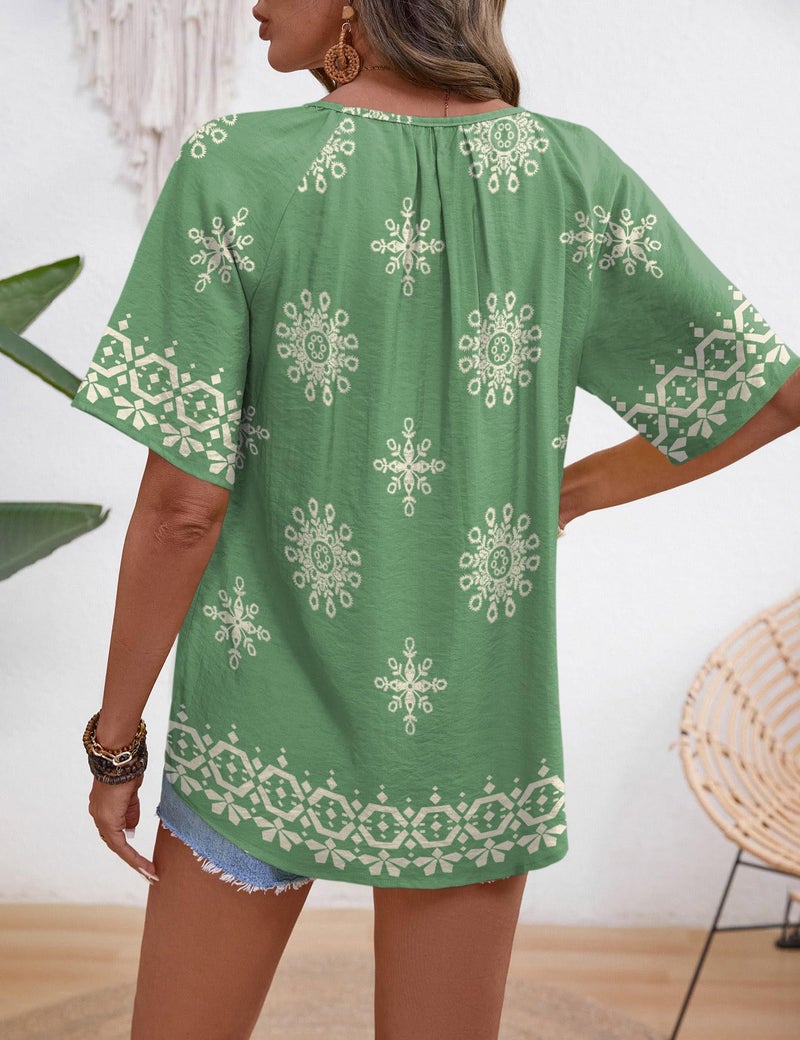 Rapbin Boho Tops for Women 2026 | Linen Blend Half Sleeve Blouse | V Neck Beach Vacation Spring Clothing Button Down Shirts for Women Green M - Image 5