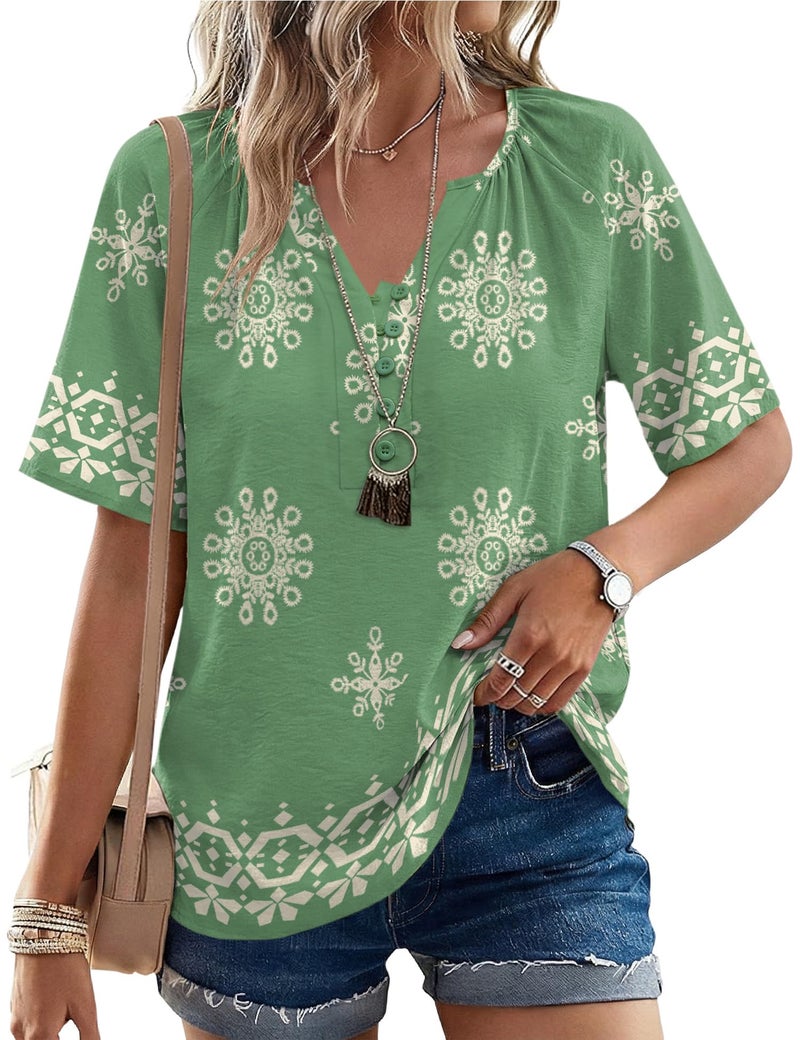 Rapbin Boho Tops for Women 2026 | Linen Blend Half Sleeve Blouse | V Neck Beach Vacation Spring Clothing Button Down Shirts for Women Green M - Image 2