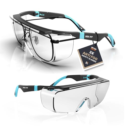 DEX FIT Safety Work Over Glasses SG210 OTG; Z87 Eye Protection for Men & Women, Fog & Scratch Resistant, Adjustable, UV Block (Black & Blue Frame, Clear Lens) - Image 1