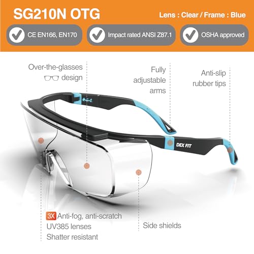 DEX FIT Safety Work Over Glasses SG210 OTG; Z87 Eye Protection for Men & Women, Fog & Scratch Resistant, Adjustable, UV Block (Black & Blue Frame, Clear Lens) - Image 2