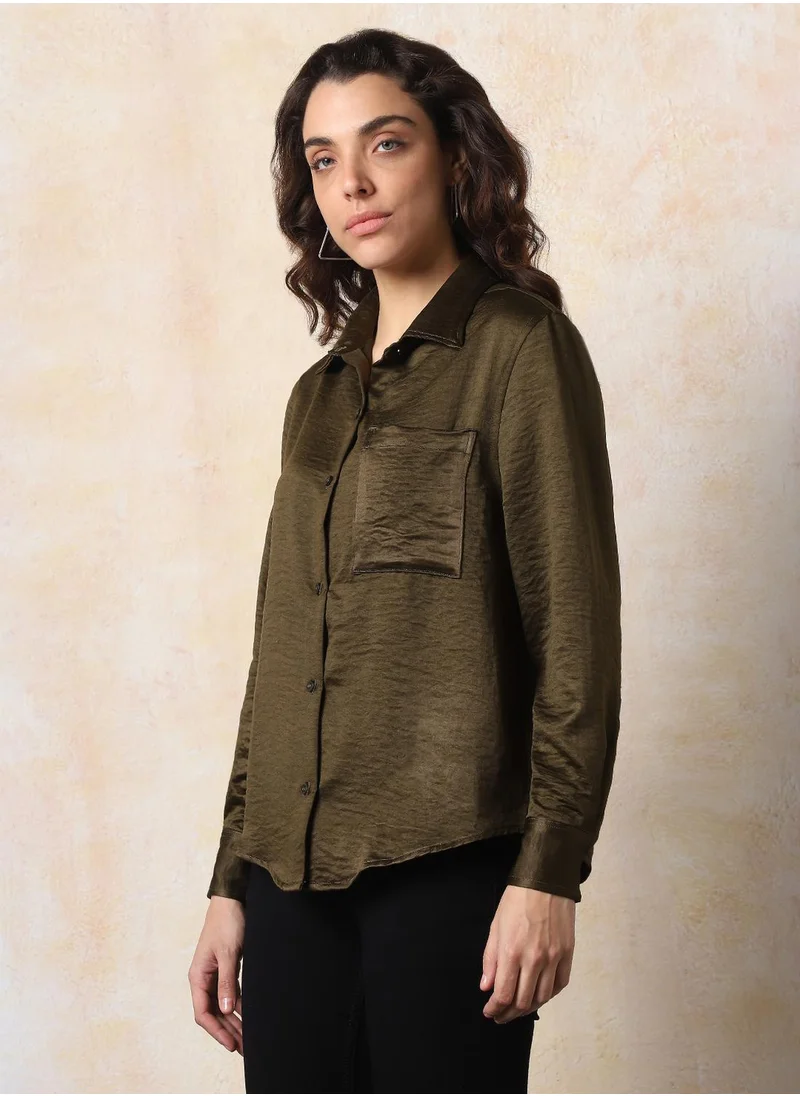 HIGH STAR Stay effortlessly stylish with this comfortable Dark Olive Boxy Fit Shirts Solid design crafted from 100% Polyester featuring Long Sleeves with Button closure.