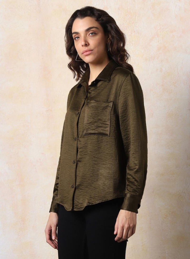 HIGH STAR Women's Dark Olive 100% Polyester Solid Pattern Button Down Boxy Shirt  - Image 3