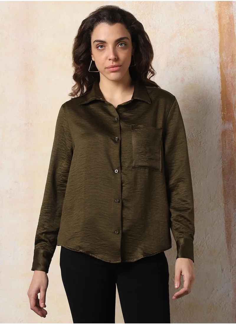 HIGH STAR Stay effortlessly stylish with this comfortable Dark Olive Boxy Fit Shirts Solid design crafted from 100% Polyester featuring Long Sleeves with Button closure.