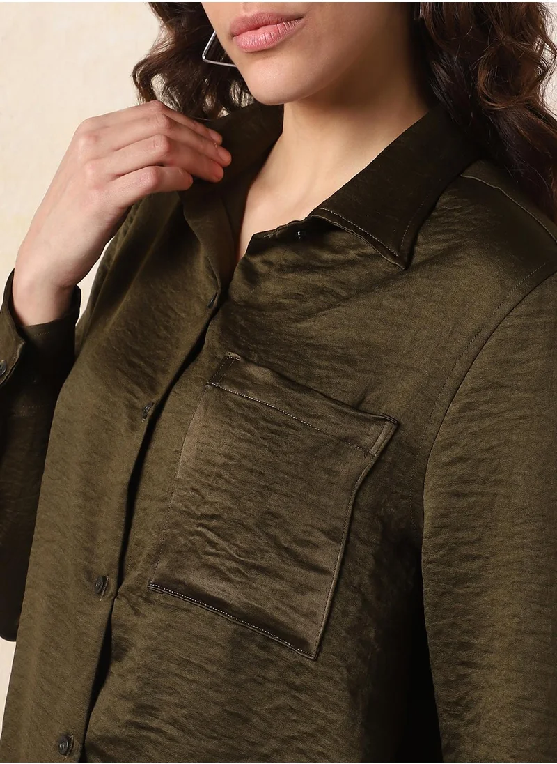 HIGH STAR Stay effortlessly stylish with this comfortable Dark Olive Boxy Fit Shirts Solid design crafted from 100% Polyester featuring Long Sleeves with Button closure.