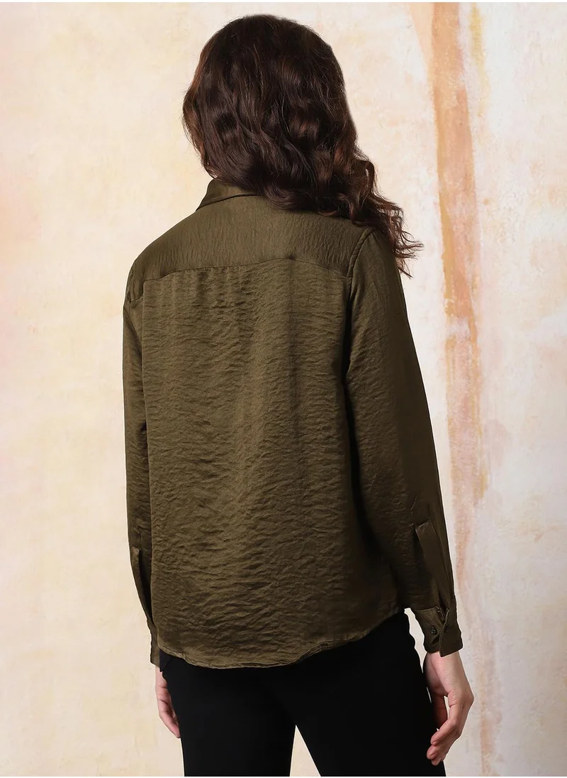 HIGH STAR Stay effortlessly stylish with this comfortable Dark Olive Boxy Fit Shirts Solid design crafted from 100% Polyester featuring Long Sleeves with Button closure.