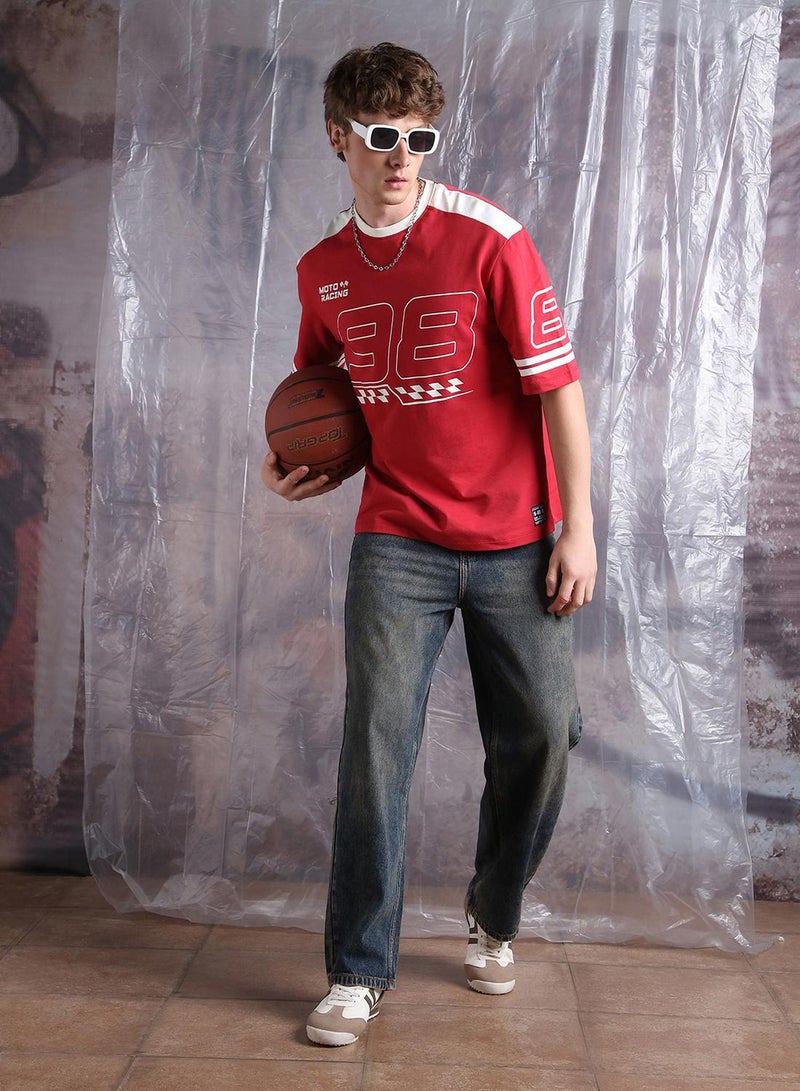 Hubberholme Men Moto Varsity Graphic Printed Oversized Fit T-shirt - Image 2