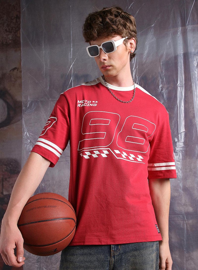 Hubberholme Men Moto Varsity Graphic Printed Oversized Fit T-shirt - Image 1