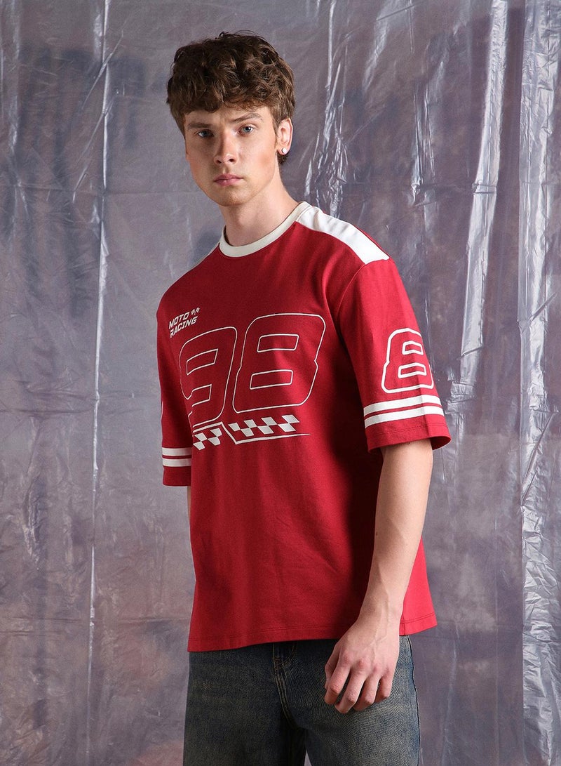 Hubberholme Men Moto Varsity Graphic Printed Oversized Fit T-shirt - Image 3