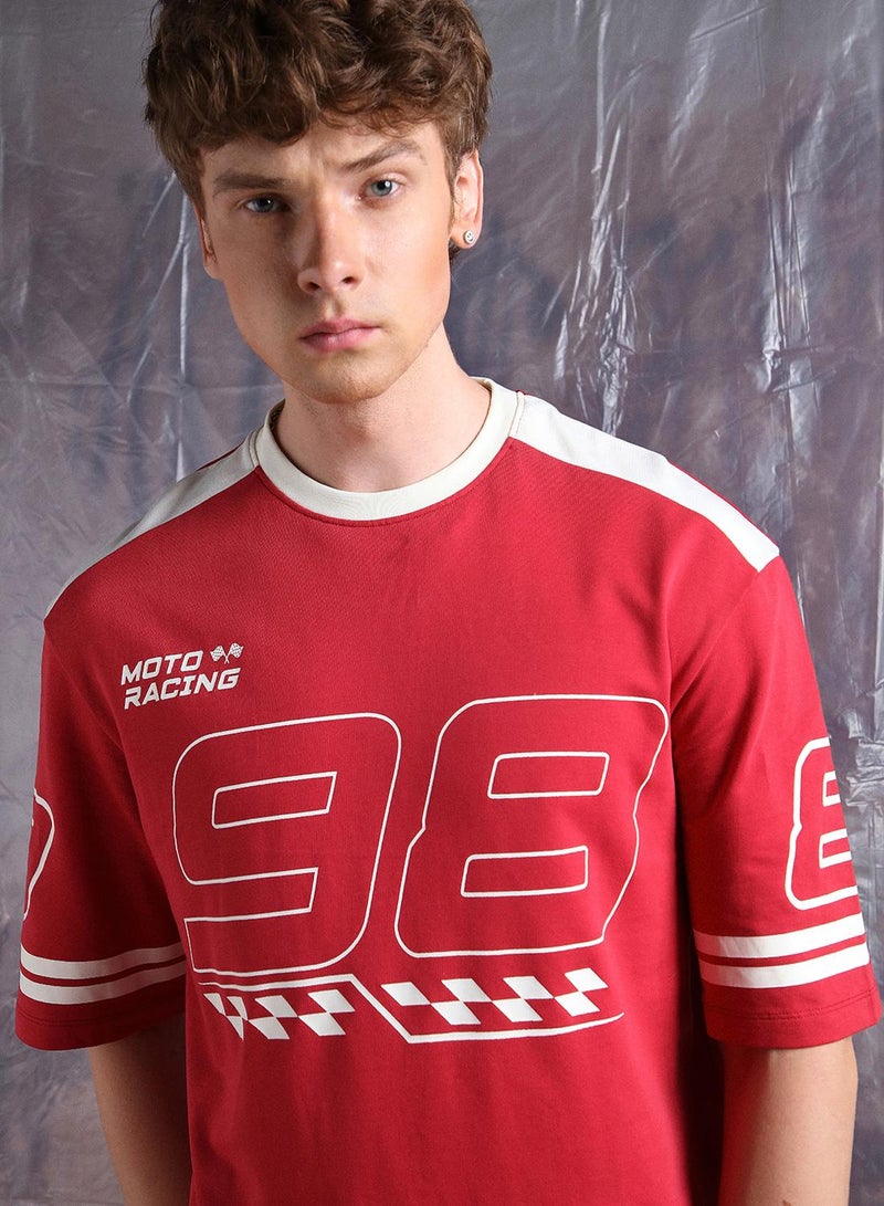 Hubberholme Men Moto Varsity Graphic Printed Oversized Fit T-shirt - Image 5