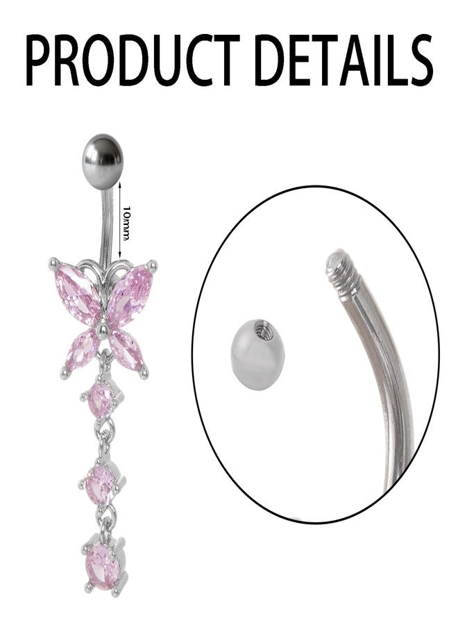 yeabwps 7 Pcs Belly Button Rings Dangle Navel Belly Piercing Jewelry Stainless Steel Butterfly Bow Heart Flower Belly Ring for Women Cute Pink Dangly Navel Ring (Pink) - Image 2