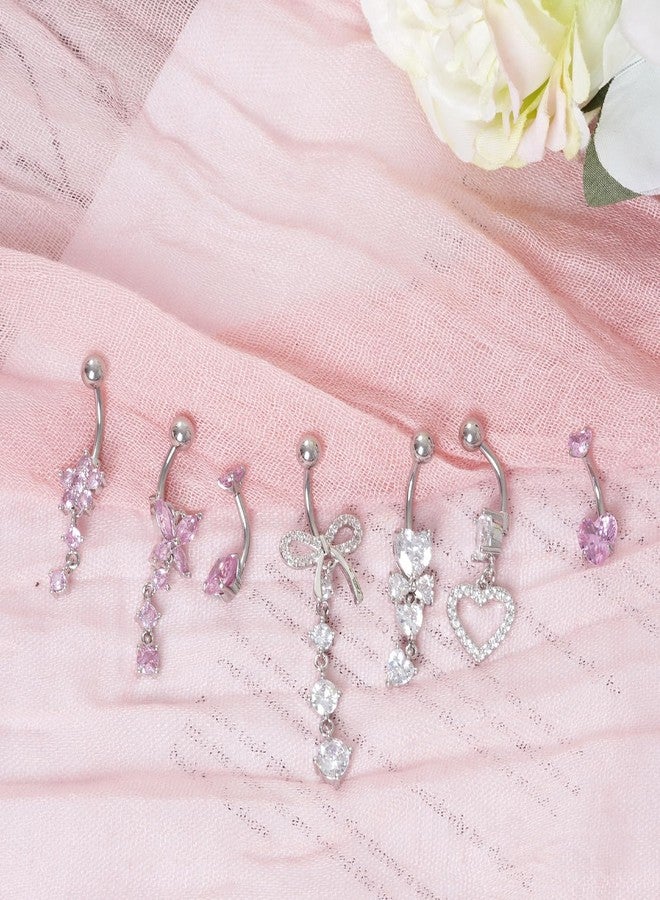 yeabwps 7 Pcs Belly Button Rings Dangle Navel Belly Piercing Jewelry Stainless Steel Butterfly Bow Heart Flower Belly Ring for Women Cute Pink Dangly Navel Ring (Pink) - Image 3