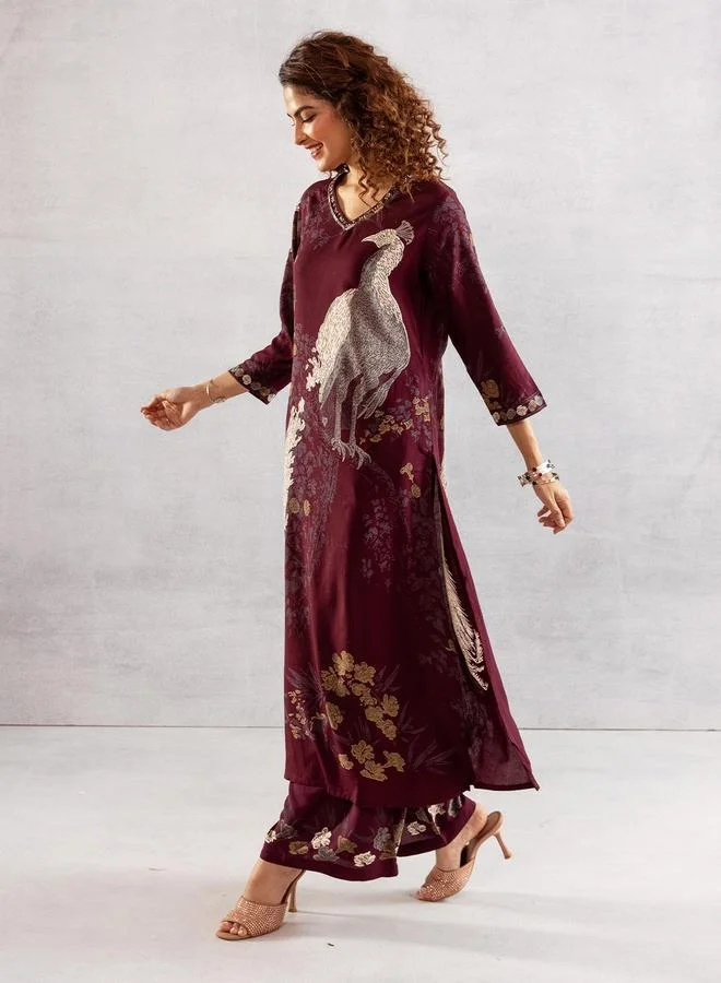 ISHIN Women's Wine Rayon Printed Tunic Upper Calf Length Palazzo Bottom Straight Fit 2 Peice Kurta Set
