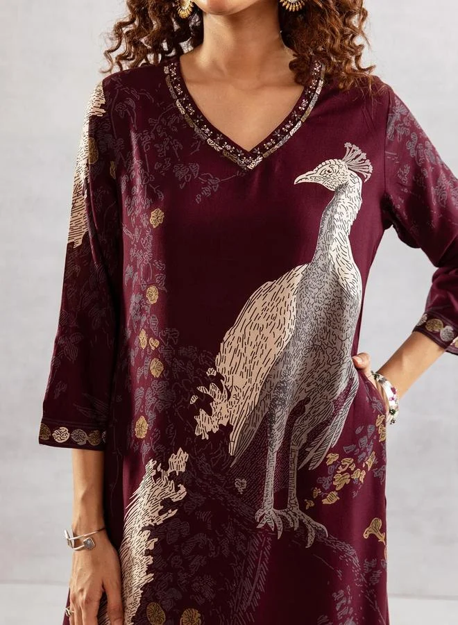 ISHIN Women's Wine Rayon Printed Tunic Upper Calf Length Palazzo Bottom Straight Fit 2 Peice Kurta Set