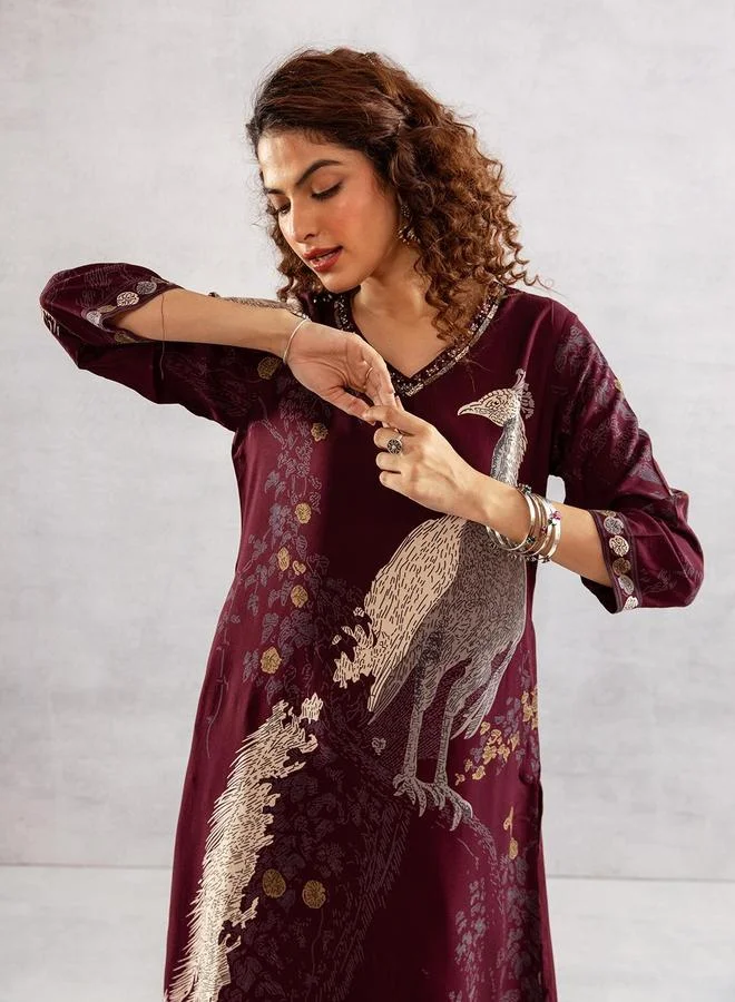 ISHIN Women's Wine Rayon Printed Tunic Upper Calf Length Palazzo Bottom Straight Fit 2 Peice Kurta Set