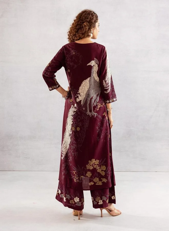 آي شين Women's Wine Rayon Printed Tunic Upper Calf Length Palazzo Bottom Straight Fit 2 Peice Kurta Set
