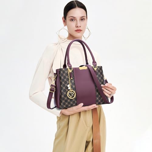 KKXIU 3 Zippered Compartments Purses and Handbags for Women Top Handle Satchel Shoulder Ladies Bags (C-wine flower pattern) - Image 2