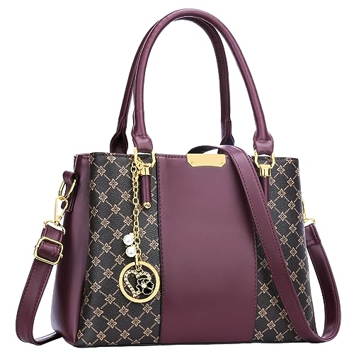 KKXIU 3 Zippered Compartments Purses and Handbags for Women Top Handle Satchel Shoulder Ladies Bags (C-wine flower pattern) - Image 1