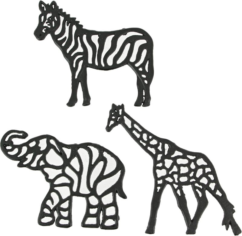 Zeckos Set of 3 Black Cast Iron Animal Trivets  Elephant Zebra Giraffe  Perfect for Kitchen Use or Decorative Wall Hangings 9 Inches Long Safari Charm for Your Home - Image 1