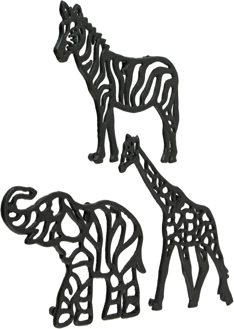 Zeckos Set of 3 Black Cast Iron Animal Trivets  Elephant Zebra Giraffe  Perfect for Kitchen Use or Decorative Wall Hangings 9 Inches Long Safari Charm for Your Home - Image 2