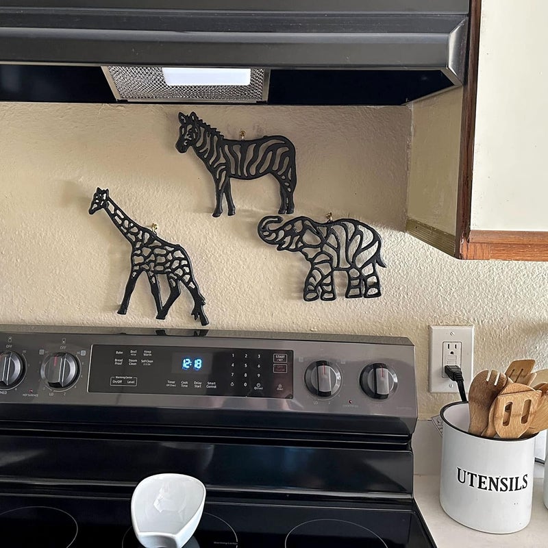 Zeckos Set of 3 Black Cast Iron Animal Trivets  Elephant Zebra Giraffe  Perfect for Kitchen Use or Decorative Wall Hangings 9 Inches Long Safari Charm for Your Home - Image 5