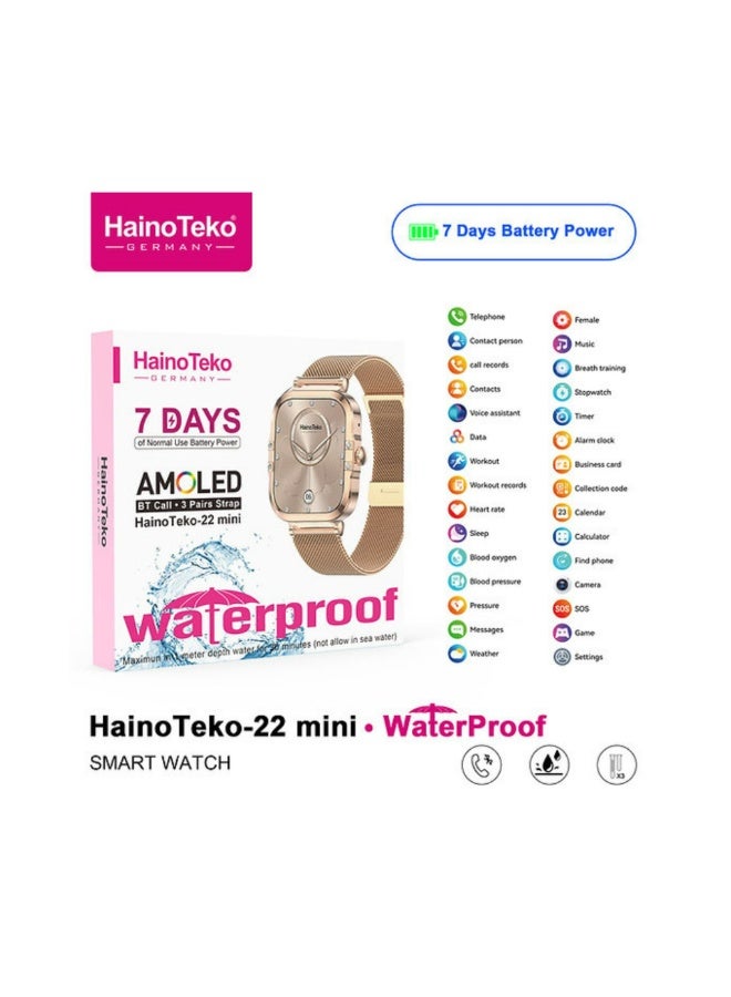 Haino Teko -22 Mini Waterproof Smart Watch With AMOLED Display 7 Days Battery Life and 3 Pair Straps Designed for Ladies-Gold - Image 5