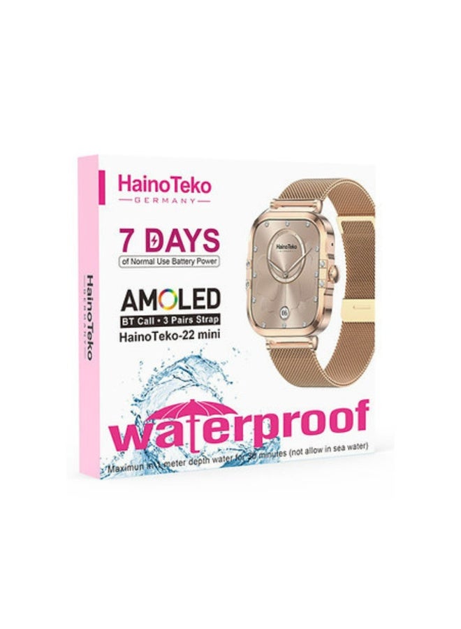 Haino Teko -22 Mini Waterproof Smart Watch With AMOLED Display 7 Days Battery Life and 3 Pair Straps Designed for Ladies-Gold - Image 4