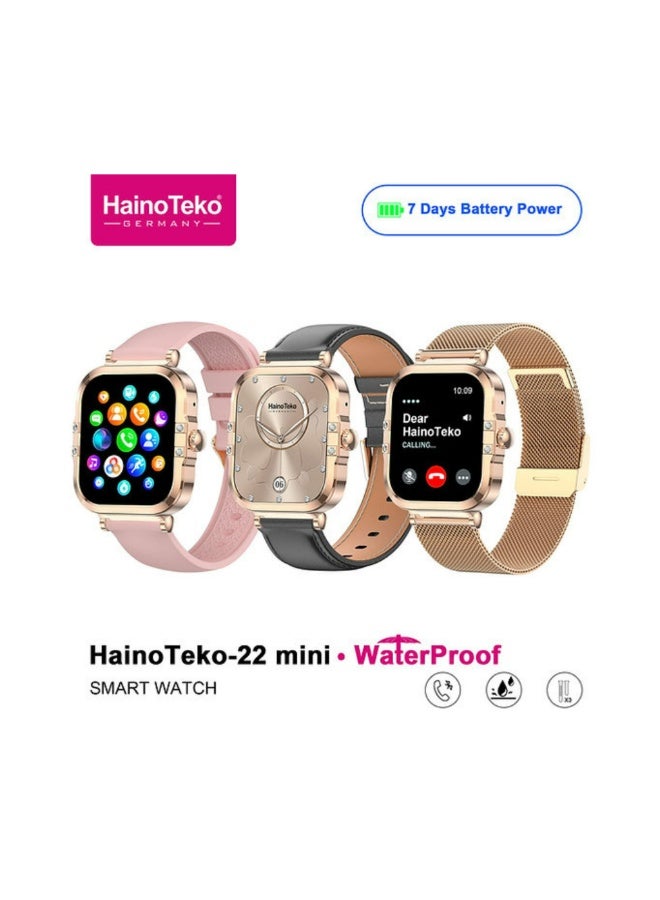 Haino Teko -22 Mini Waterproof Smart Watch With AMOLED Display 7 Days Battery Life and 3 Pair Straps Designed for Ladies-Gold - Image 2