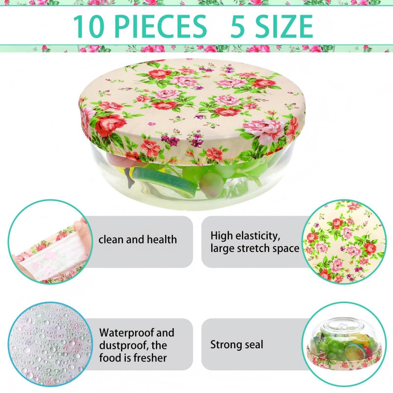 Patelai 10 Pcs Bowl Covers Reusable in 5 Size Stretch Cloth Fabric Elastic Food Storage Bowl Covers Bread Sourdough Lids for Proofing Food Fruits Leftover(Red, Pink, Green,Floral Style) - Image 4