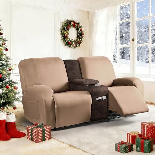 ANARACHON Leather Look Recliner Console Cover for Recliner Couch Stretch Middle Console Slipcovers for Reclining Sofa and Loveseat Washable Furniture Protector for Pets 1 Console Cover Brown - Image 3
