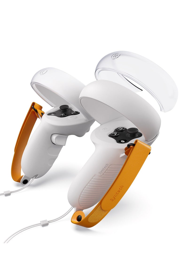 Syntech قبضات تحكم سينتيك المتوافقة مع ملحقات ميتا/أوكولوس كويست 2، غلاف قبضات سيليكون ناعمة مع أحزمة مفصلية قابلة للتعديل، وحماة هالو (أبيض-برتقالي) & حزام رأس سينتيك المتوافق مع ملحقات ميتا/أوكولوس كويست 2، حزام رأس قابل للتعديل لراحة واستقرار معزز - Image 2