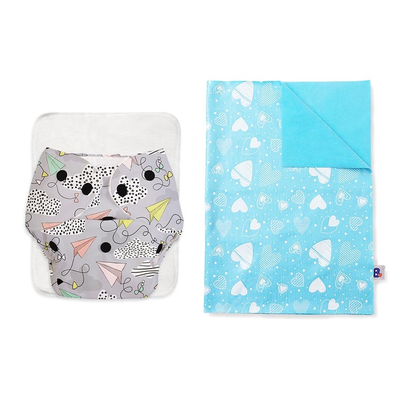 SuperBottoms Basic Airplane Print diaper with soaker | BASIC Bed Protecting Mat Breezy blue print Medium size - Bed & Floor Protector/Playmat, Super Light-Weight, 8.5X Absorbent - Image 1