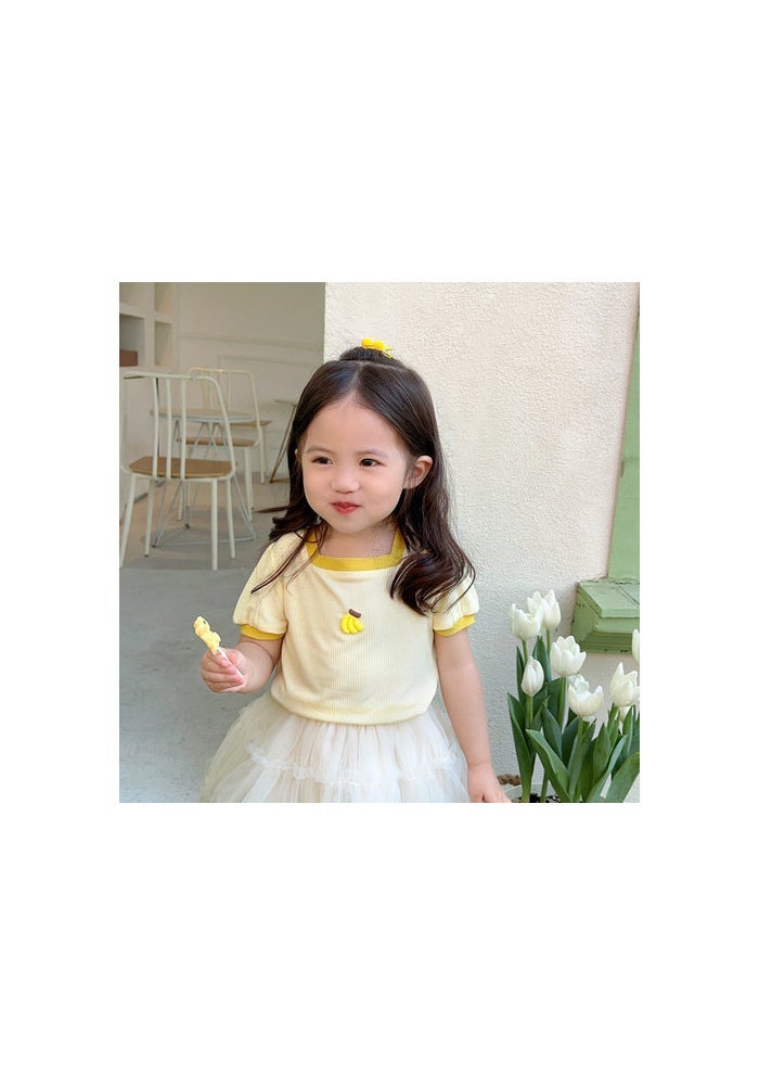 Summer Girls' Short-sleeved T-shirt Baby Stylish Children's Personalized Trendy Brand Cute Fresh Striped Flower Square Collar Top - Image 1