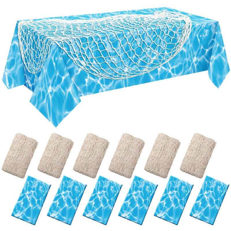 Fumete 12 Pcs Fish Net Decorative Plastic Tablecloth Cotton Fishnet Decor Ocean Themed Party Table Cover for Nautical Birthday Party Decoration Pirate Party SuppliesOcean Blue