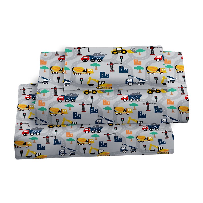 Softan Kids Bed Sheet Set Full Size Microfiber Fitted Sheet Breathable  Silky Soft Feeling 4 PCs Excavator Full Bed Sheet