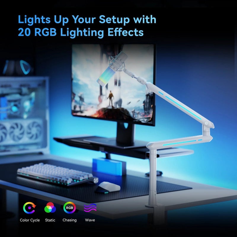 Humanex Light Pursuer RGB Gaming Microphone Boom Arm, Low Profile Desk Mount Mic Stand for Streaming, Podcast and Gaming, 20 RGB Lighting Modes, 360° Rotating Head, Built In Cable Management, 3/8″ and 5/8″ Adapters, Clamp and Grommet, Holds up to 3 kg – ( Model AX3Pro W – White ) - Image 4