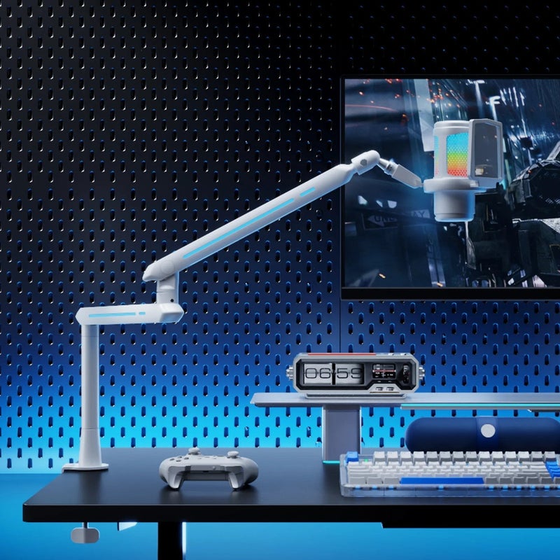 Humanex Light Pursuer RGB Gaming Microphone Boom Arm, Low Profile Desk Mount Mic Stand for Streaming, Podcast and Gaming, 20 RGB Lighting Modes, 360° Rotating Head, Built In Cable Management, 3/8″ and 5/8″ Adapters, Clamp and Grommet, Holds up to 3 kg – ( Model AX3Pro W – White ) - Image 3