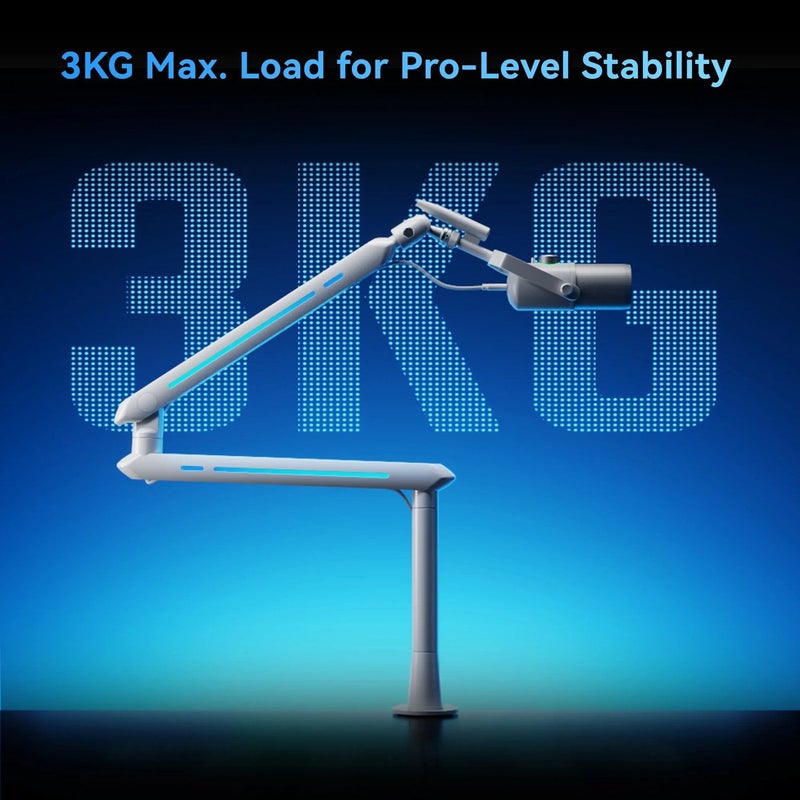 Humanex Light Pursuer RGB Gaming Microphone Boom Arm, Low Profile Desk Mount Mic Stand for Streaming, Podcast and Gaming, 20 RGB Lighting Modes, 360° Rotating Head, Built In Cable Management, 3/8″ and 5/8″ Adapters, Clamp and Grommet, Holds up to 3 kg – ( Model AX3Pro W – White ) - Image 5
