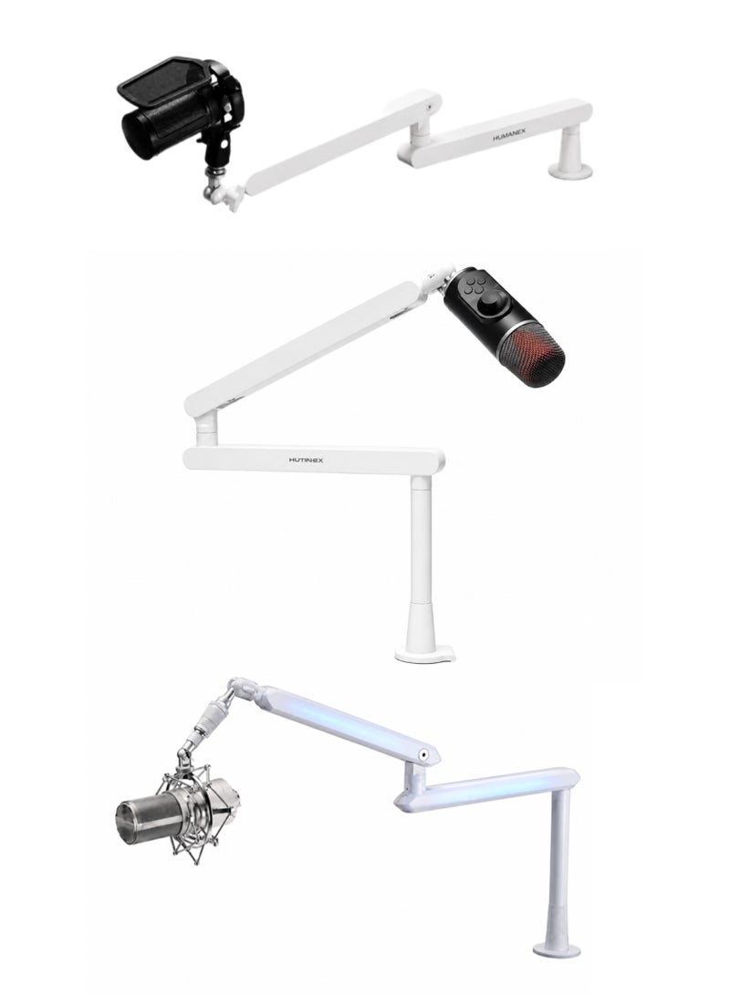 Humanex Mic Stand 3 in 1, Convertible Low Profile Arm and Holder for Studio, Streaming, Gaming, Podcasting and Recording by HUMANEX, RGB 3-Section Boom Arm Compatible with FIFINE Mics, RØDE NT1, HyperX QuadCast and Shure SM7B, Clamp and Grommet Mount, AX3 PRO, White - Image 1