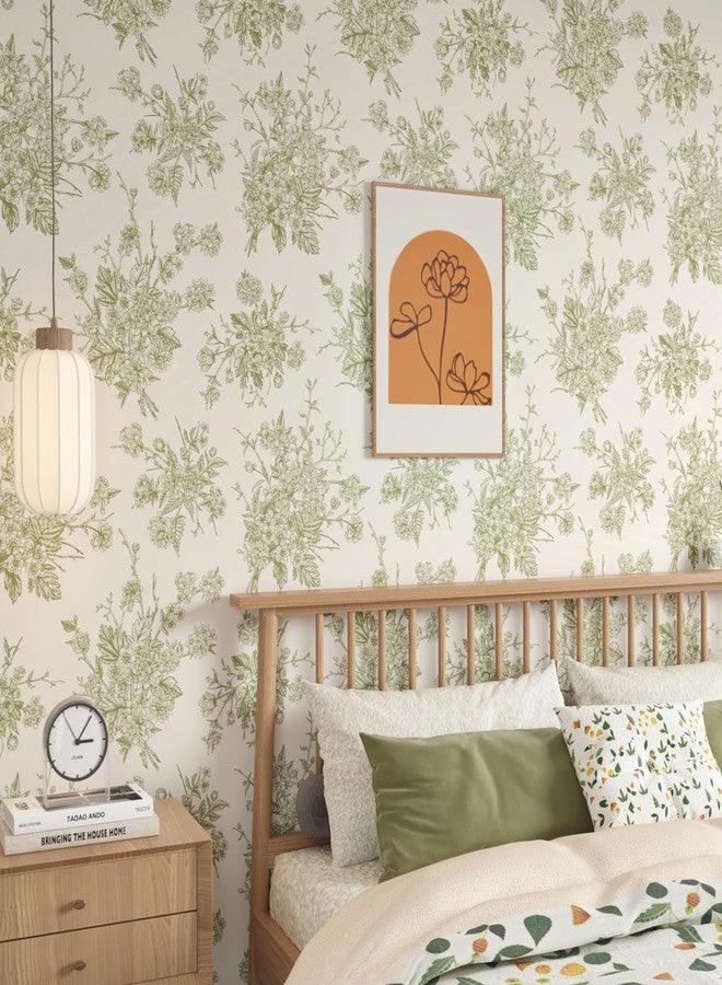 WESTICK Vintage Green Floral Wallpaper French Country Peel and Stick Green Floral Contact Paper for Bedroom Accent Wallpaper Removable Thick Neutral Cream Contact Paper for Walls Cabinets 17.5" x 100" - Image 2
