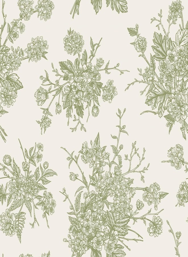 WESTICK Vintage Green Floral Wallpaper French Country Peel and Stick Green Floral Contact Paper for Bedroom Accent Wallpaper Removable Thick Neutral Cream Contact Paper for Walls Cabinets 17.5" x 100" - Image 1