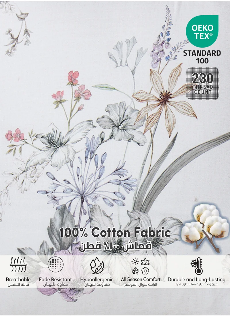 Donetella Cotton Comforter Set 4-Pcs Single Size All Season Reversible Floral Printed Bed Fits(120 X 200 Cm) With 350 GSM Down ALternative Filling,Silver