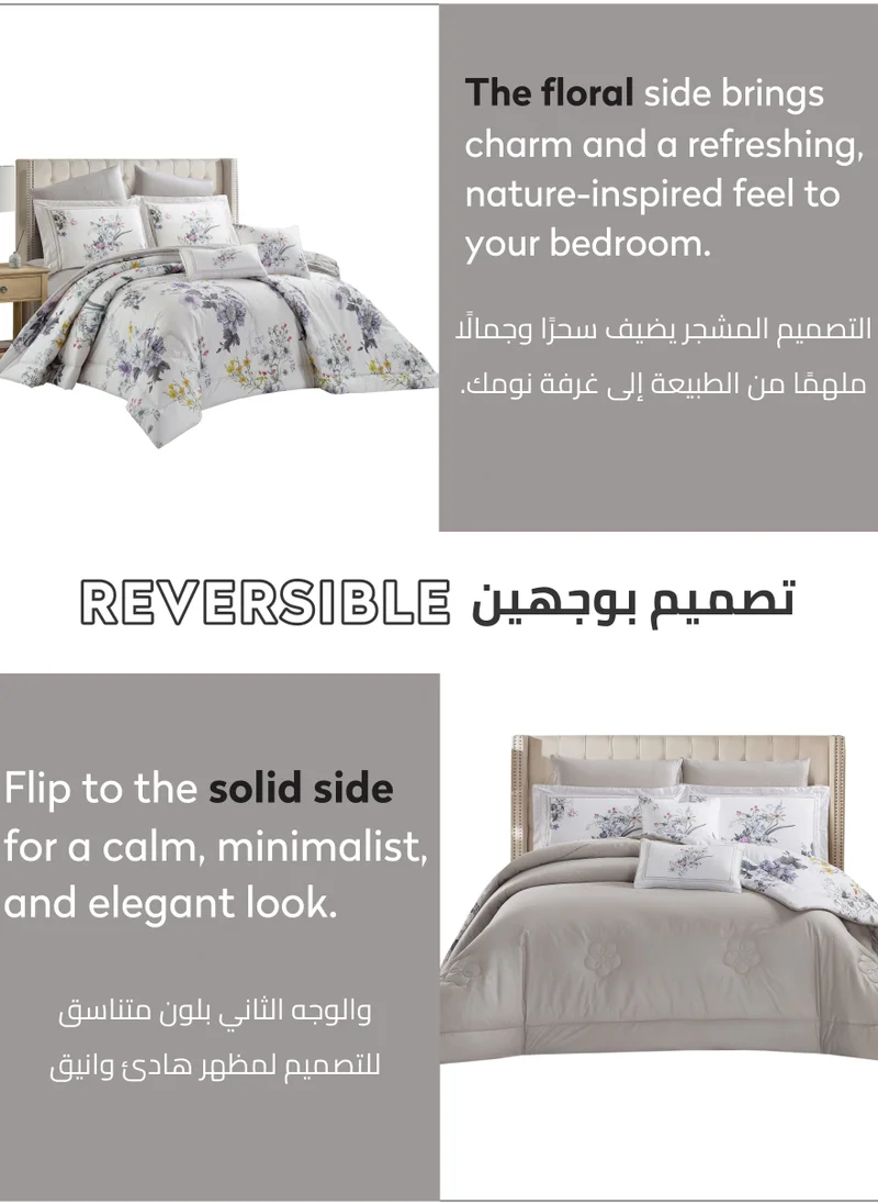 Donetella Cotton Comforter Set 4-Pcs Single Size All Season Reversible Floral Printed Bed Fits(120 X 200 Cm) With 350 GSM Down ALternative Filling,Silver