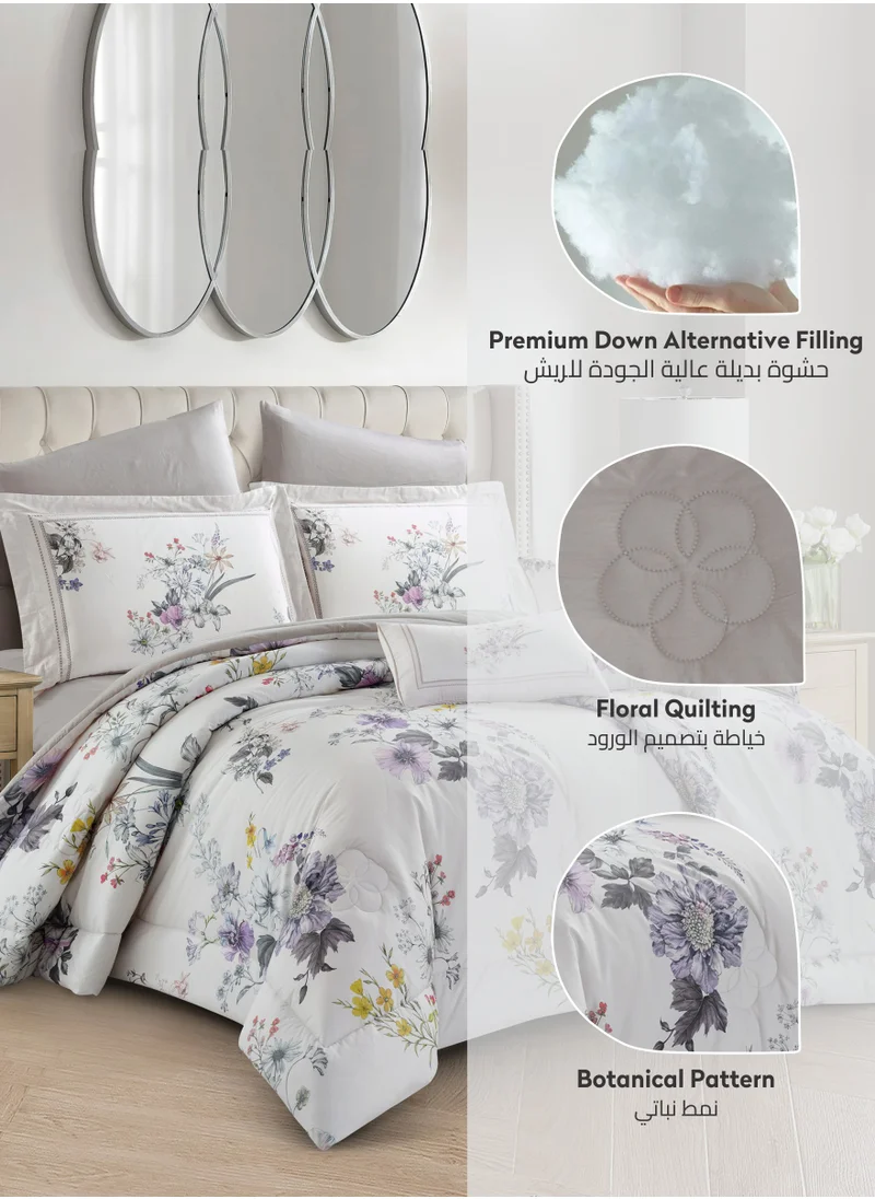 Donetella Cotton Comforter Set 4-Pcs Single Size All Season Reversible Floral Printed Bed Fits(120 X 200 Cm) With 350 GSM Down ALternative Filling,Silver