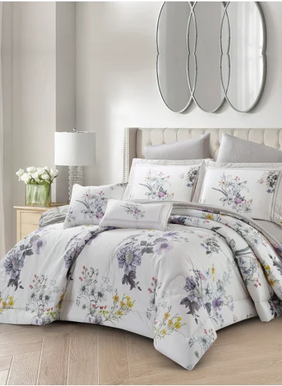 Donetella Cotton Comforter Set 4-Pcs Single Size All Season Reversible Floral Printed Bed Fits(120 X 200 Cm) With 350 GSM Down ALternative Filling,Silver