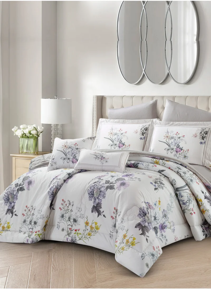Donetella Cotton Comforter Set 4-Pcs Single Size All Season Reversible Floral Printed Bed Fits(120 X 200 Cm) With 350 GSM Down ALternative Filling,Silver