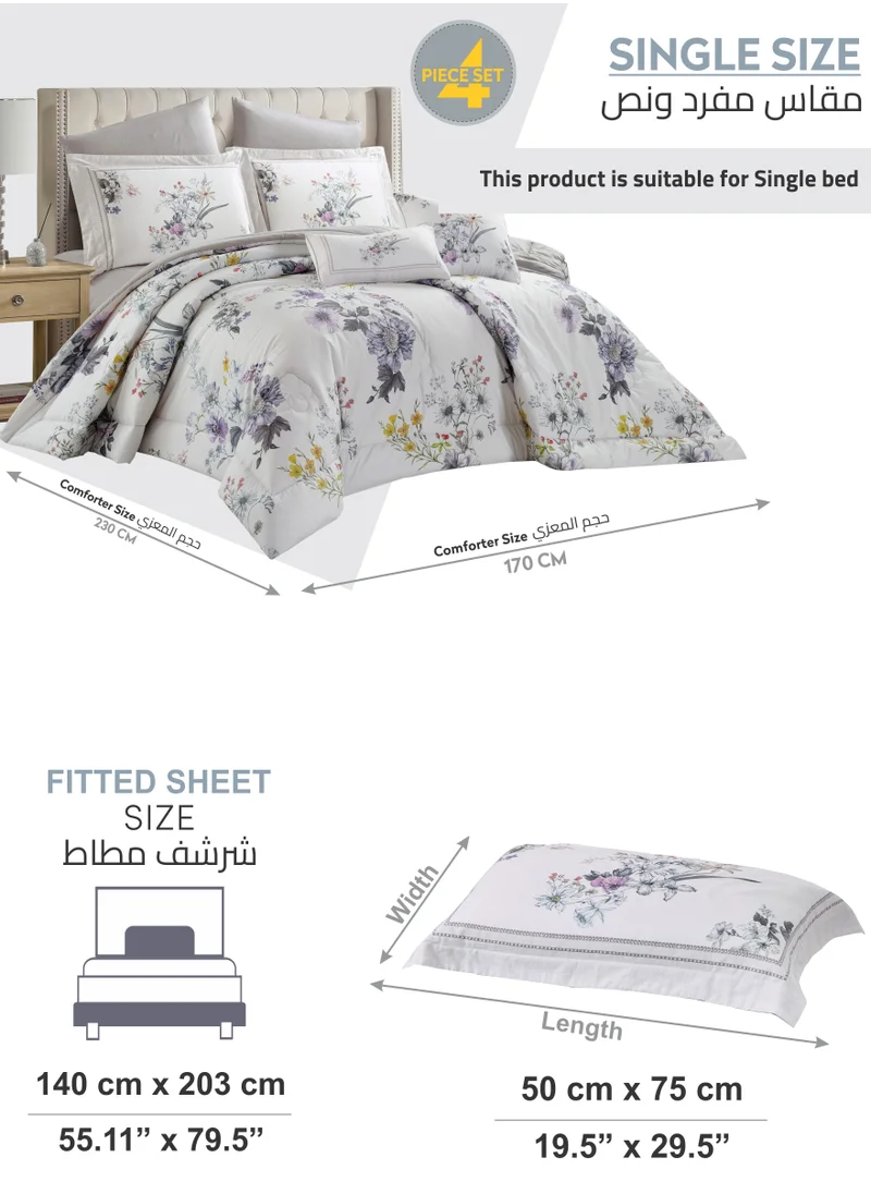 Donetella Cotton Comforter Set 4-Pcs Single Size All Season Reversible Floral Printed Bed Fits(120 X 200 Cm) With 350 GSM Down ALternative Filling,Silver
