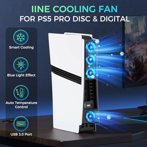 IINE Cooling Fan for PS5 Pro, Efficient Cooler Fan with Adjustable Speed/LED Light, Temperature-Controlled PS5 PRO Cooling Accessories with USB 3.0 Port - Image 2